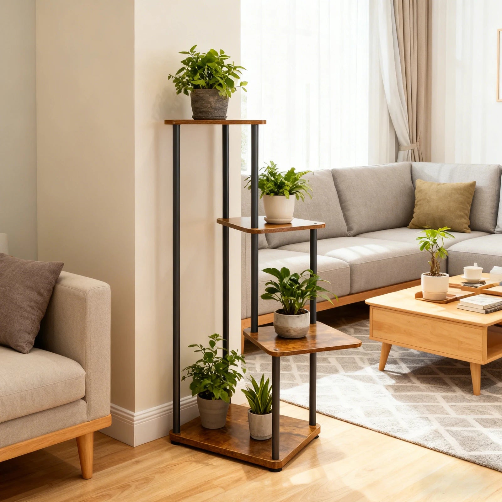 Tall Multi-Tier Plant Stand – Wood & Iron Flower Shelf