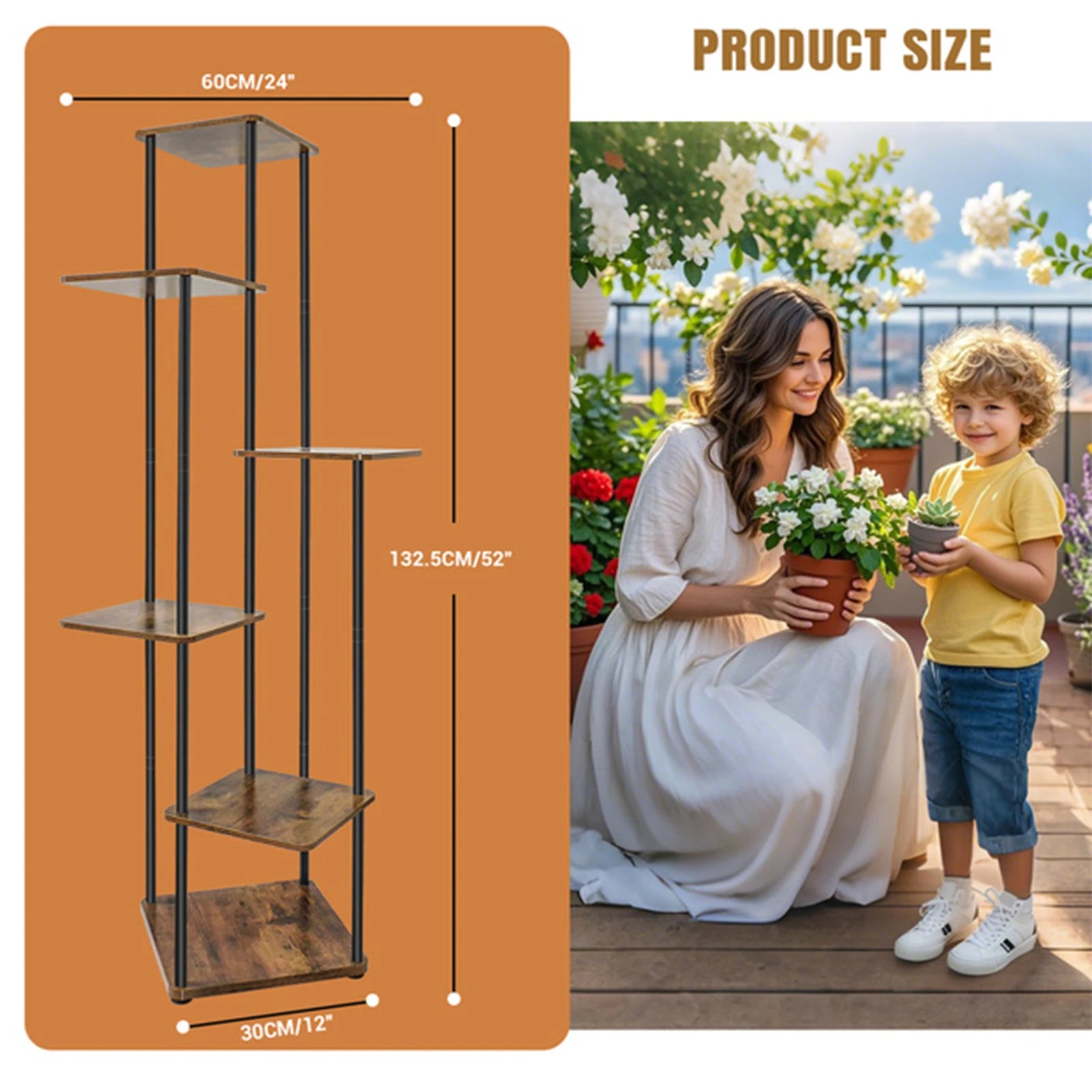 Tall Multi-Tier Plant Stand – Wood & Iron Flower Shelf