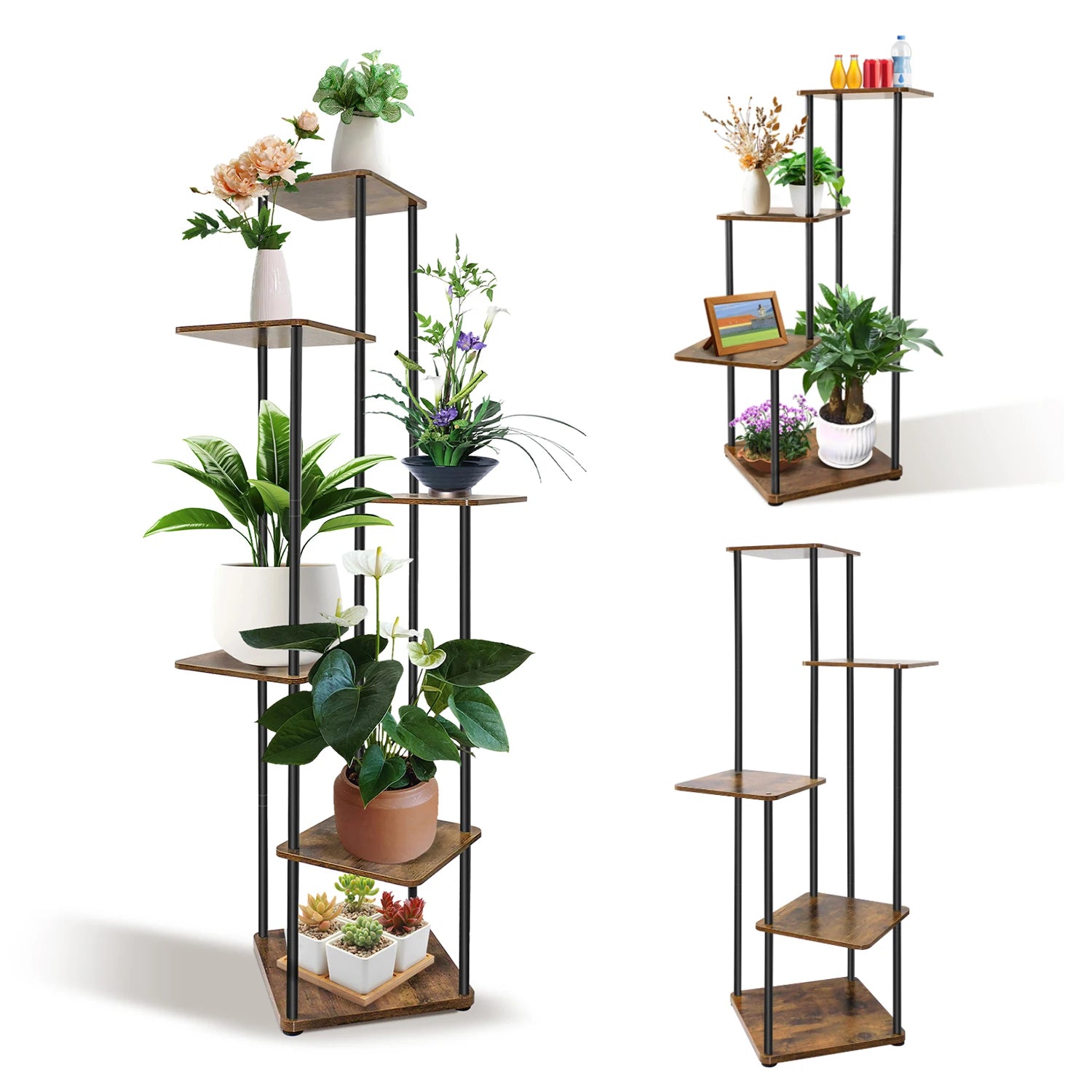 Tall Multi-Tier Plant Stand – Wood & Iron Flower Shelf