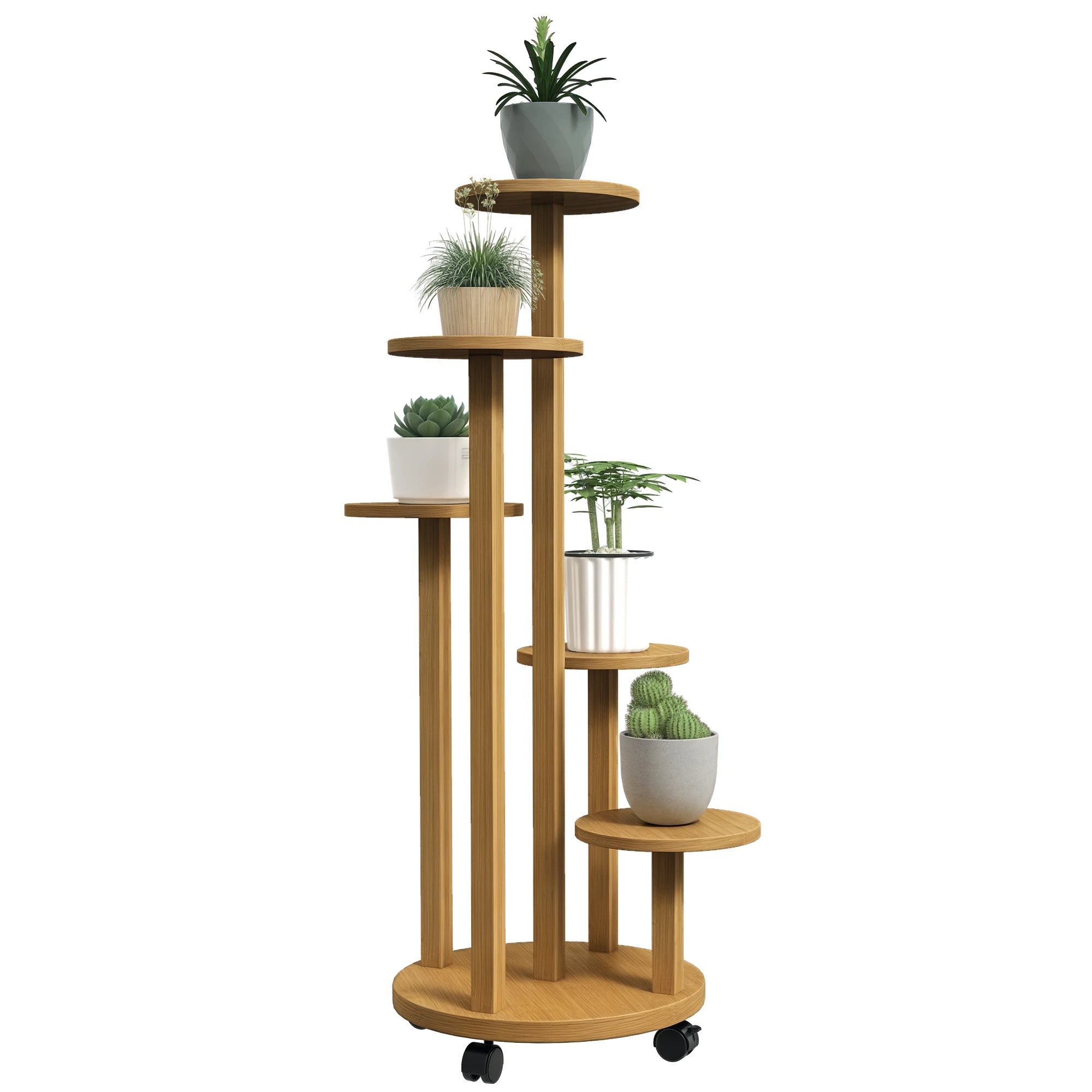 Bamboo Plant Stand with Wheels – 5-Tier Natural Wooden Plant Display Rack