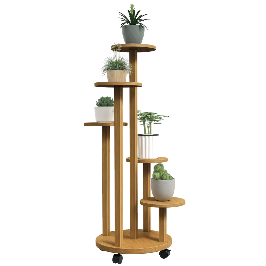 Bamboo Plant Stand with Wheels – 5-Tier Natural Wooden Plant Display Rack