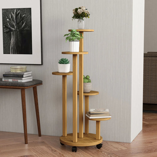 Bamboo Plant Stand with Wheels – 5-Tier Natural Wooden Plant Display Rack