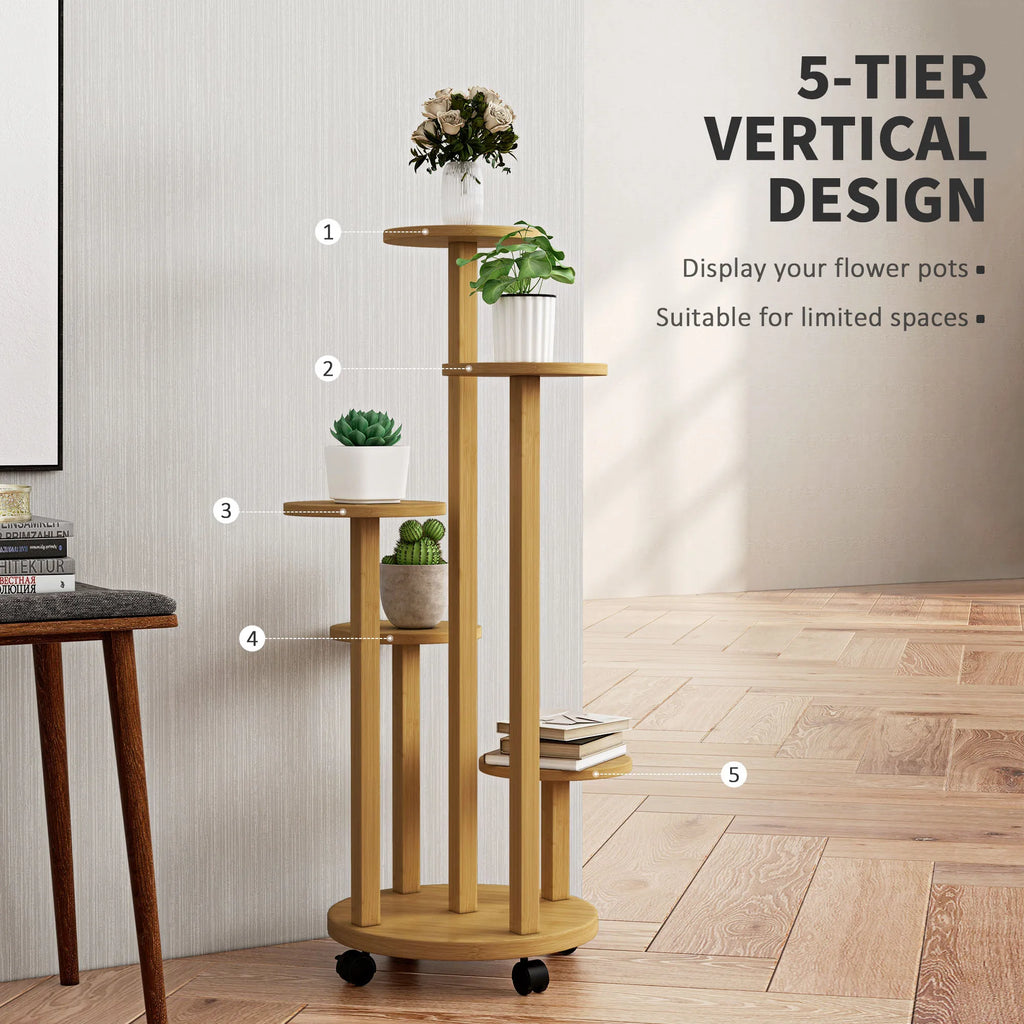Bamboo Plant Stand with Wheels – 5-Tier Natural Wooden Plant Display Rack