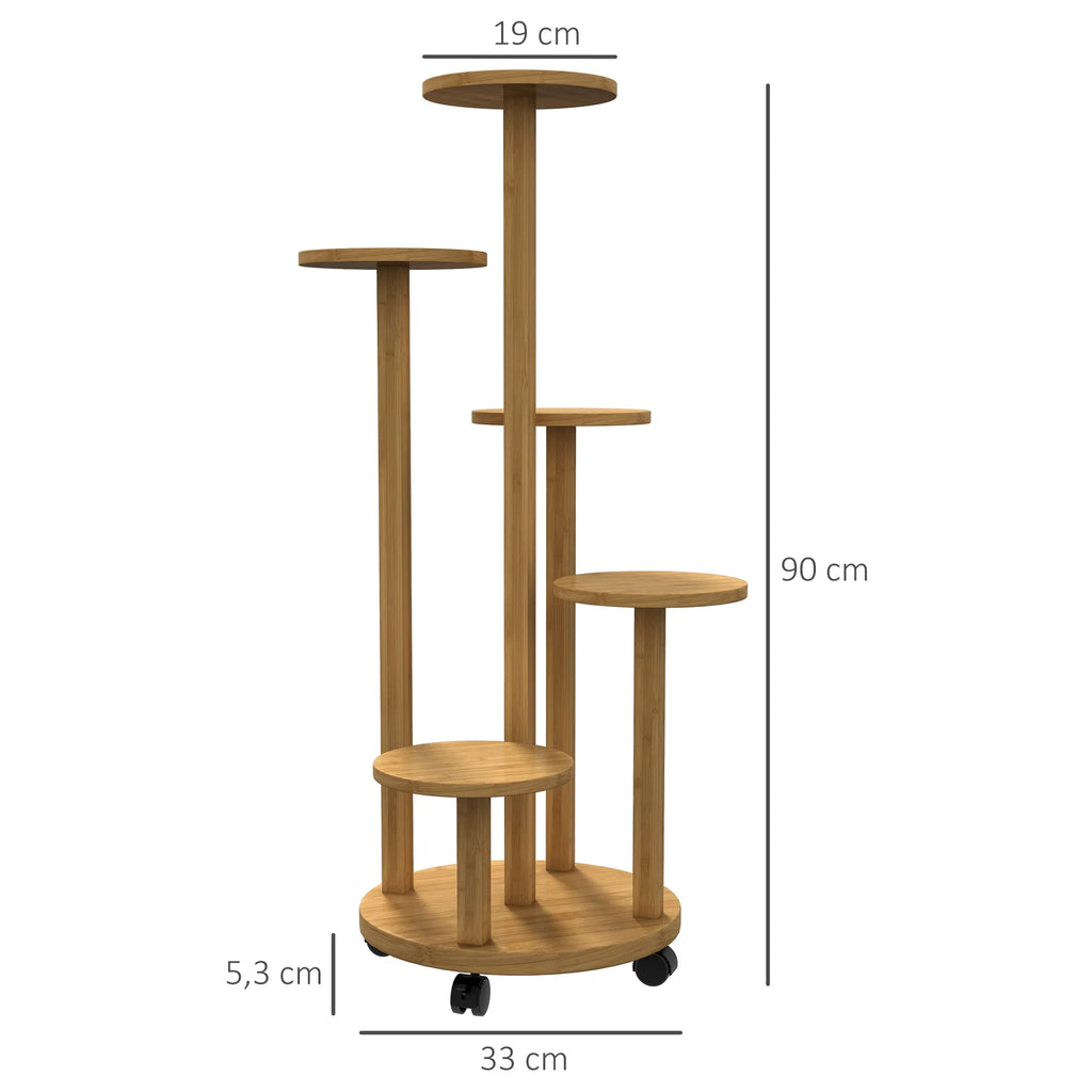 Bamboo Plant Stand with Wheels – 5-Tier Natural Wooden Plant Display Rack